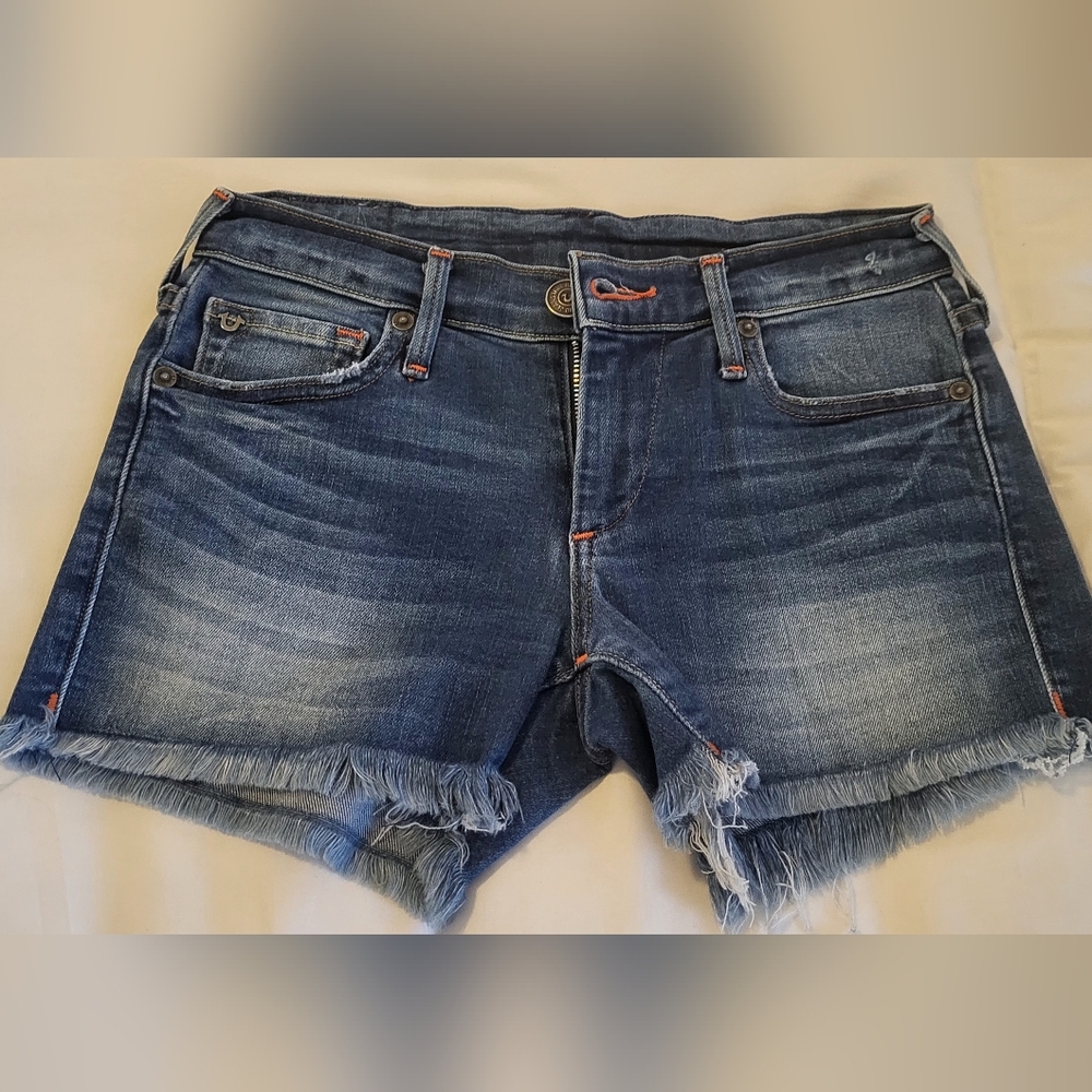 True Religion Women's Dark Indigo Frayed Hem Denim Shorts
